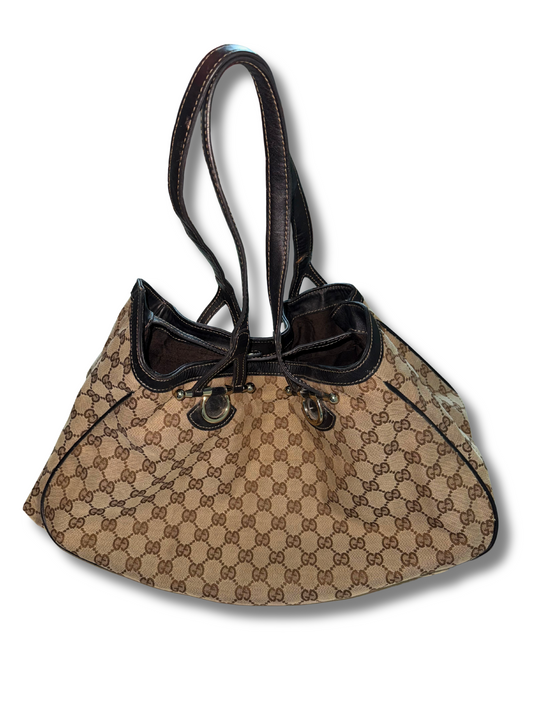 Rare Gucci Beige/Brown GG Canvas and Leather Interlocking Icon Drawstring Y2k